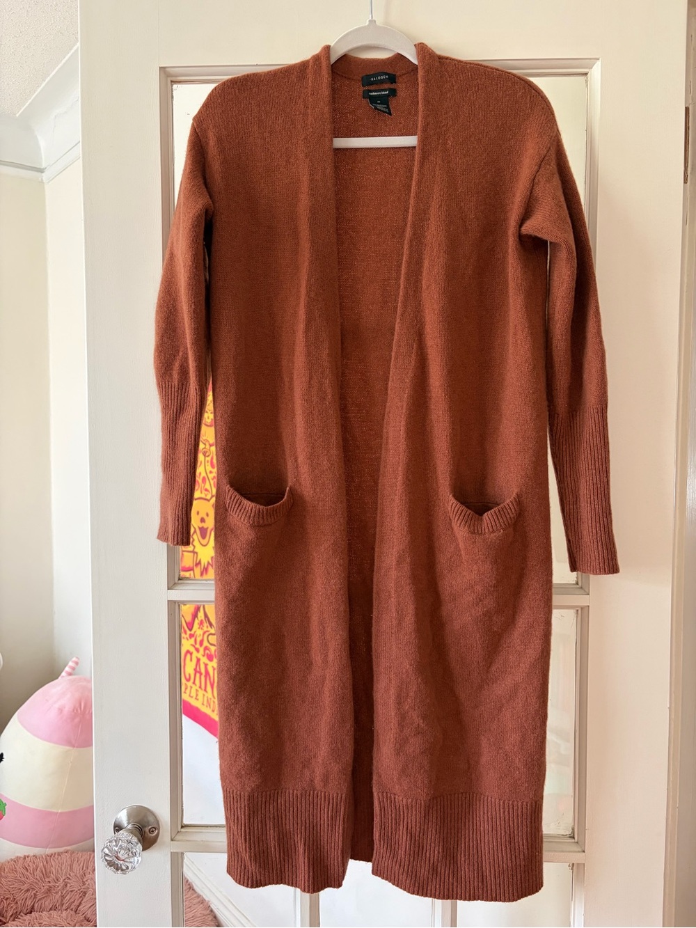 Halogen Long Open-Front Rust Cashmere Cardigan Sweater